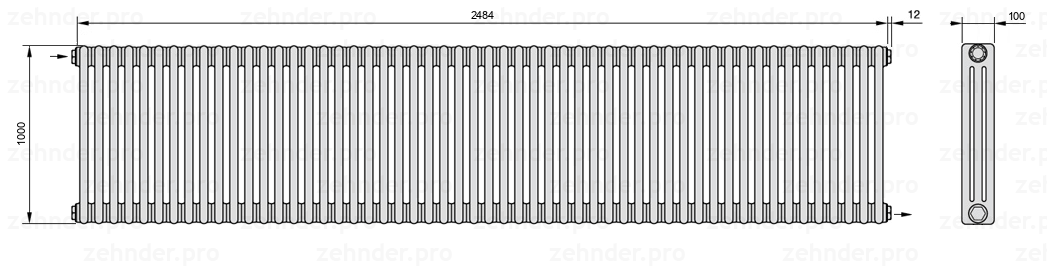 Схема (чертеж) Радиатор Zehnder Charleston 3100/54 №1670 Белый глянцевый RAL 9016